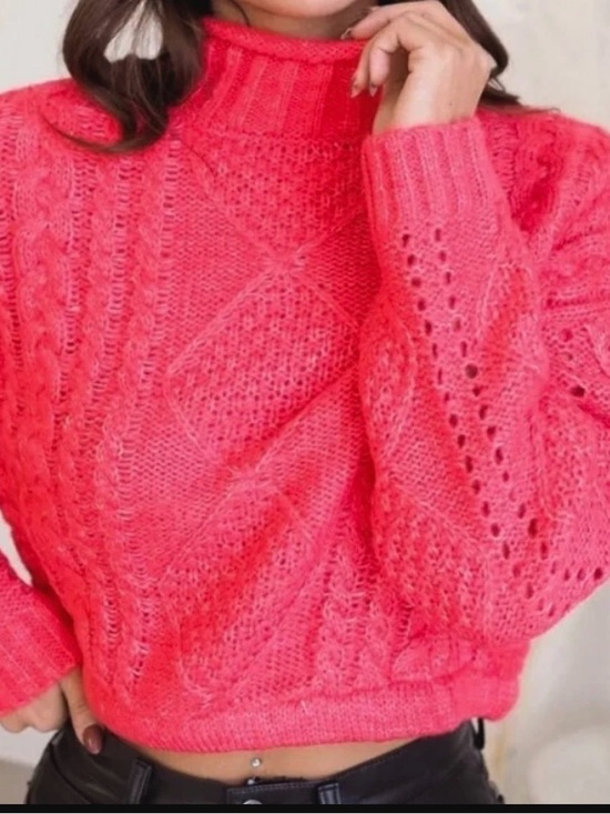 Sanctuary Sweaters - NWT Sanctuary Cable Knit Cropped Sweater Size Small Neon Pink Mock Neck Sweater